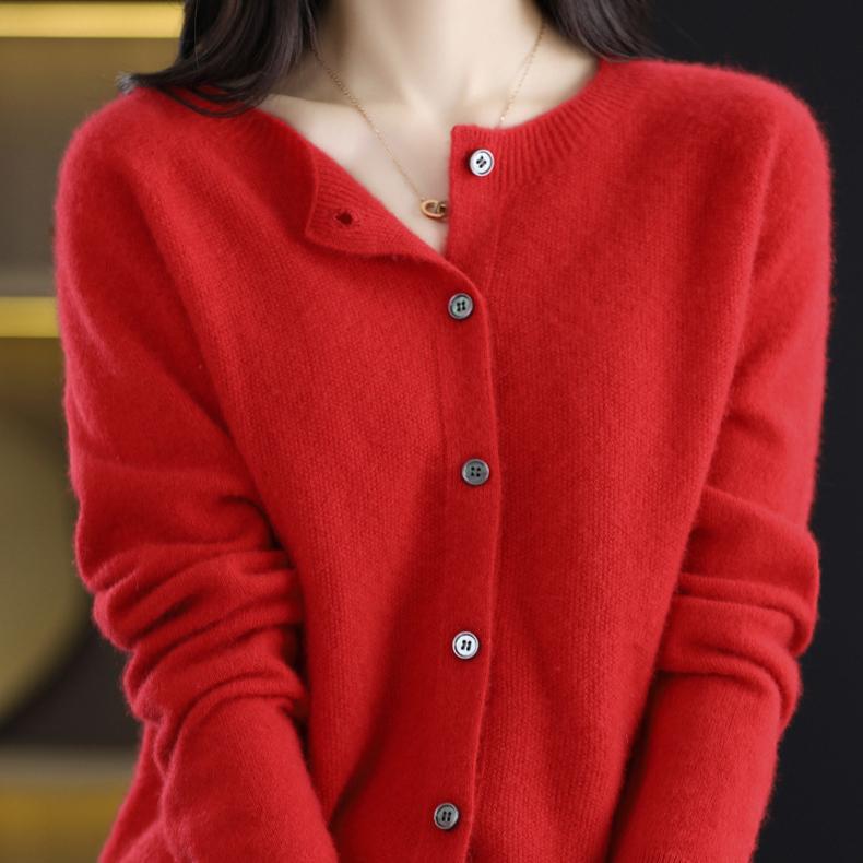 Knitted Cardigan Women's Spring and Autumn Simple Loose Sweater Coat Round-neck Long-sleeved Casual Sweater Cardigan