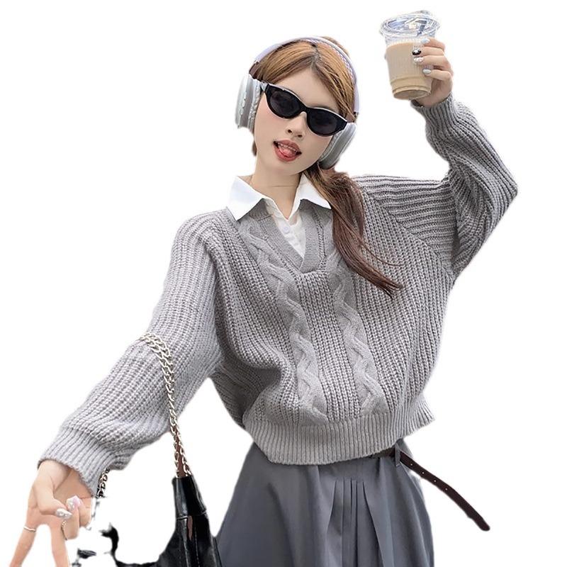 Женский свитер из двух частей в студенческом стиле с перекрученной вязкой — свободный крой, длинные рукава, на осень