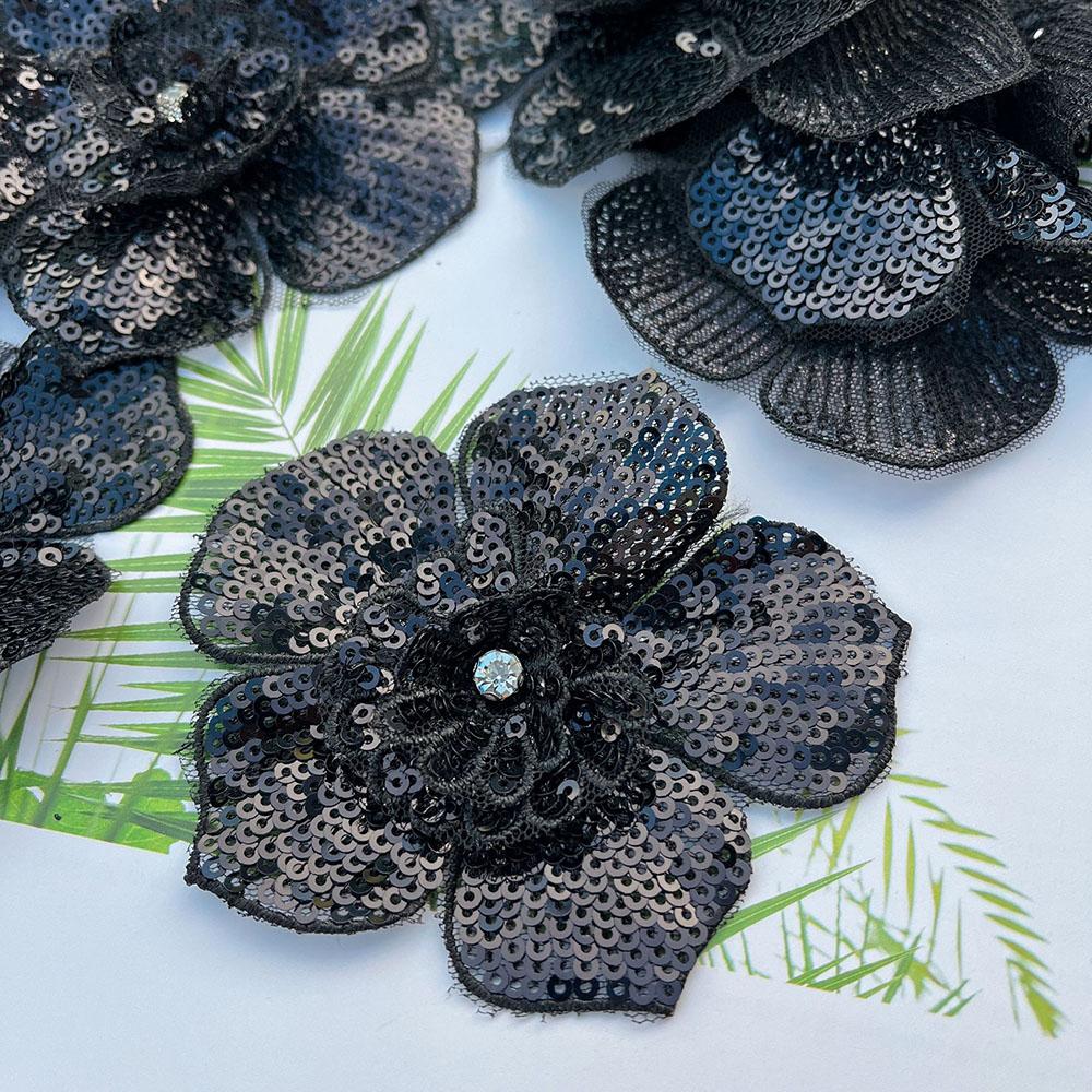 2Pcs Black White 3D Beaded Lace Patches Sequins Flower Clothing Patch Decoration Applique