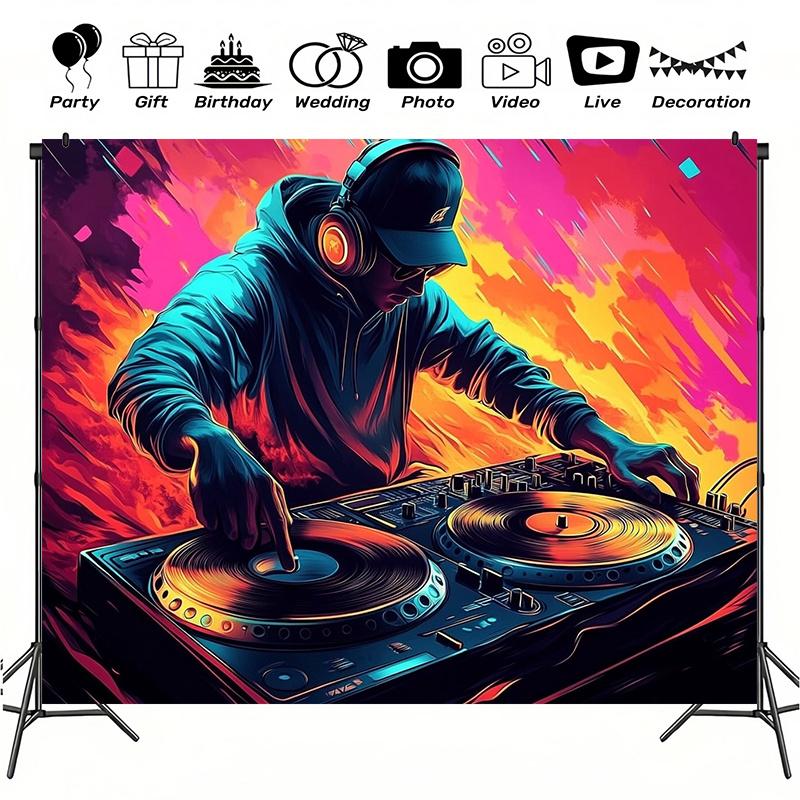 80s and 90s music cool DJ headphones party banner and photography background polyesterDJH
