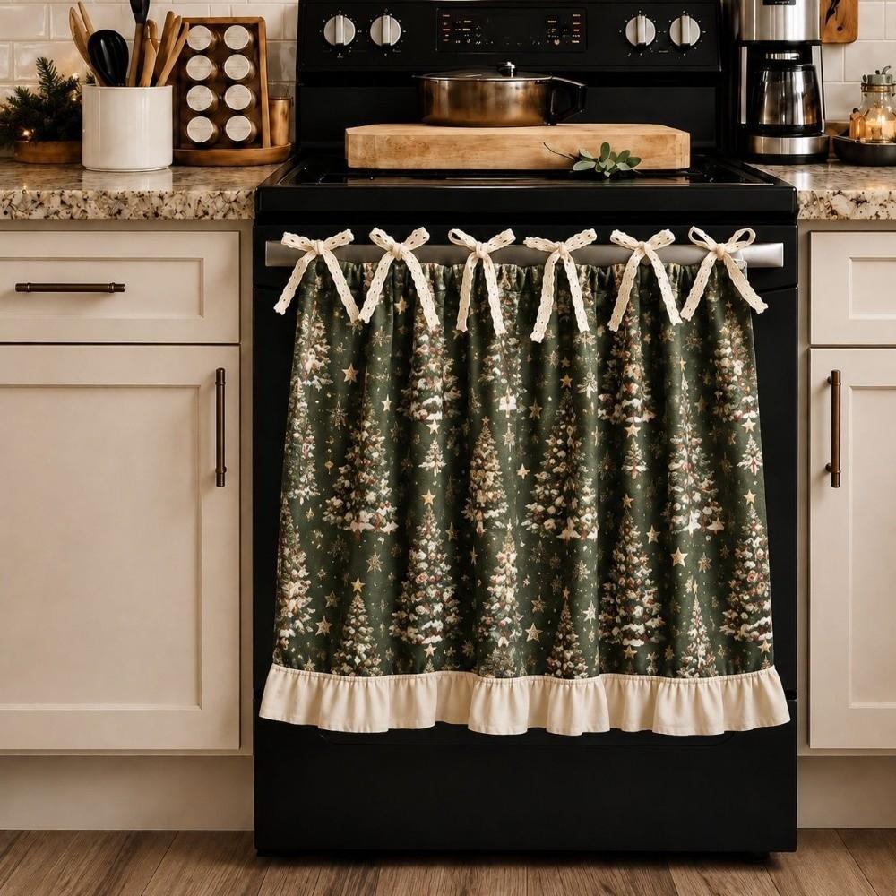 Snowman Deer Santa Oven Cover Curtain Ruffle Edge Kitchen Stove Short Curtain Dishwasher