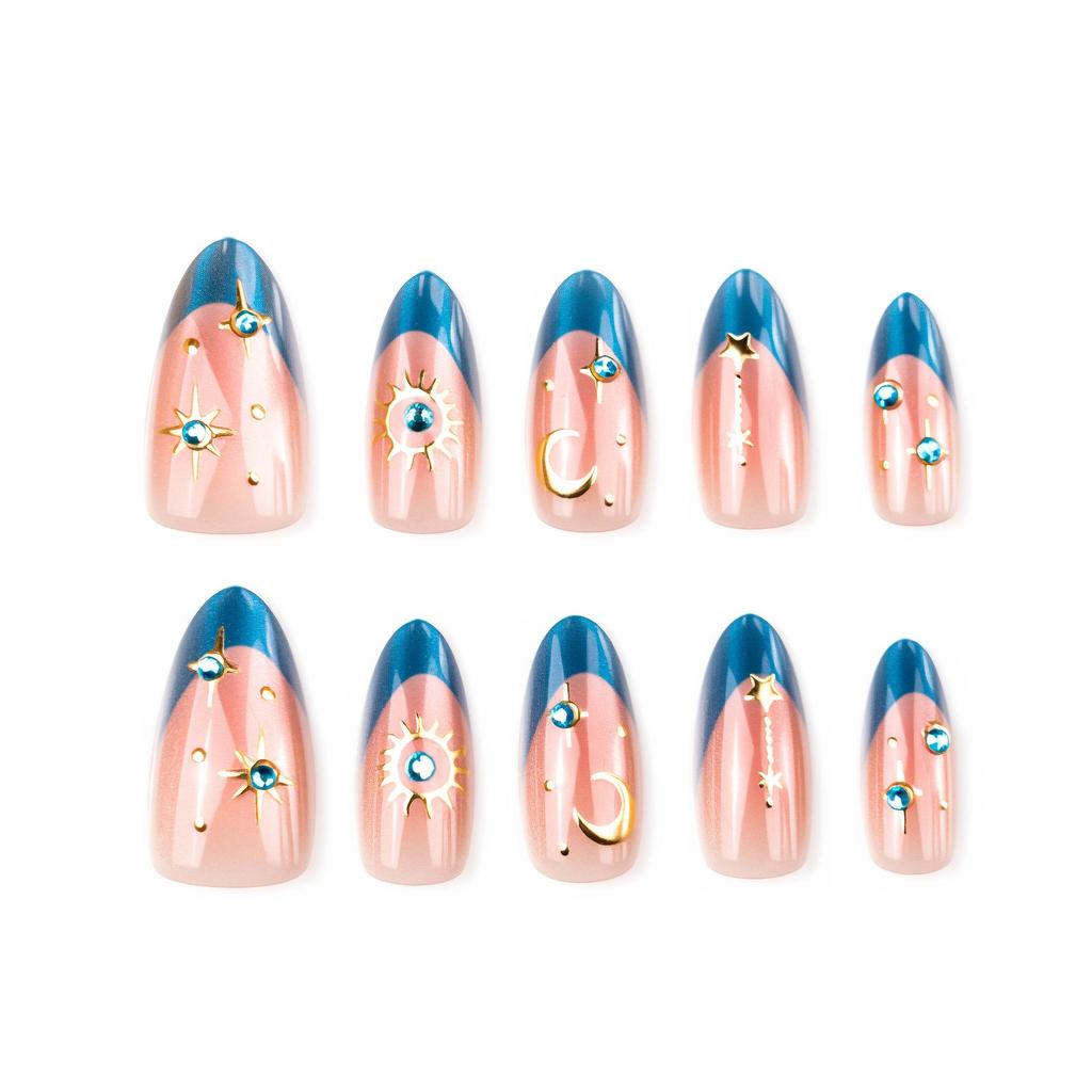 30-Piece Luxury Cat Eye Sapphire Gilded Moon False Nails Set