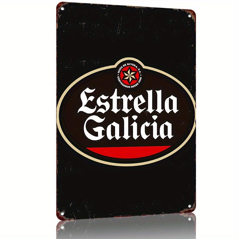 Этикетка пива Estrella Galicia Premium Винтажная металлическая жестяная табличка Потертый черный фон с красным белым круглым дизайном Per