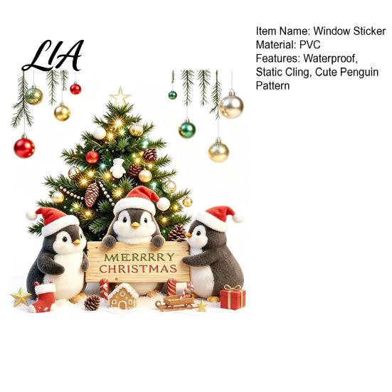 Christmas Window Clings Penguins Sticker, Static Cling Xmas Tree Decal, Removable Waterproof Holiday Displays Seasonal PVC Decal for Home Living
