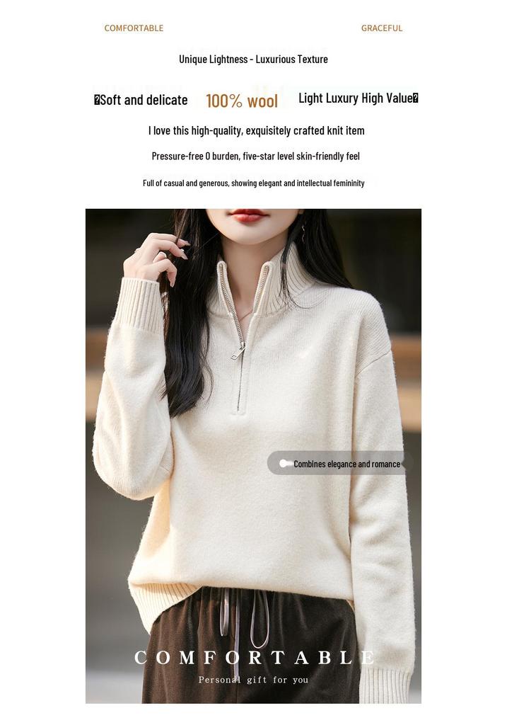 Women's Half-High Collar Zipper Wool Sweater - Loose Fit, Versatile Long Sleeve, Solid Color Base Layer for Autumn & Winter