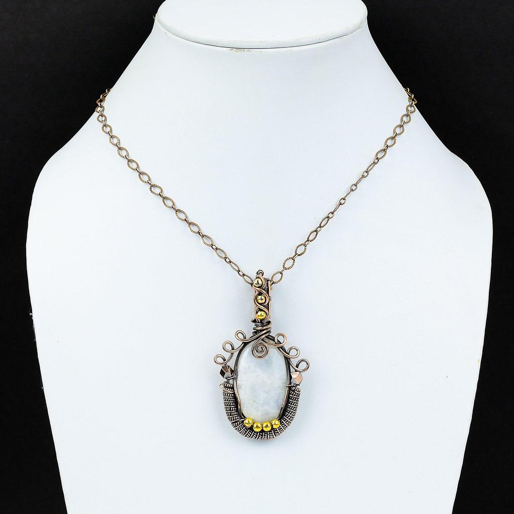 Unique Moonstone Gemstone Pure Copper Wire Wrapped Handmade Pendant Jewelry