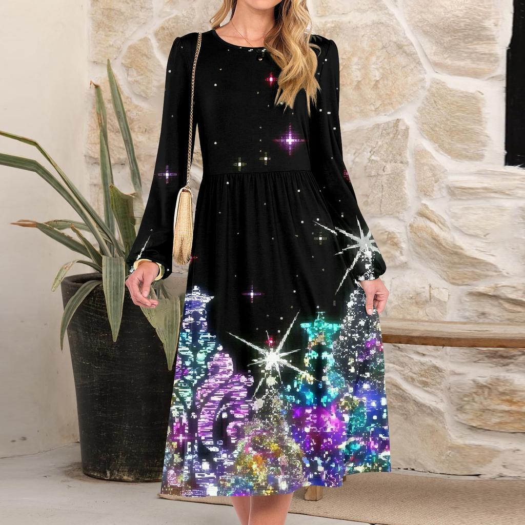 Women's Christmas Printed Fashionable Loose Round-neck Dress