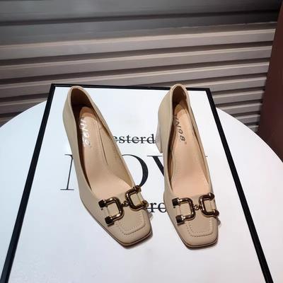 Французские ретро туфли на толстом каблуке с квадратной головкой, женские, весна 2024, новые модные туфли с металлической пряжкой и светлым ртом на высоком каблуке, профессиональная обувь