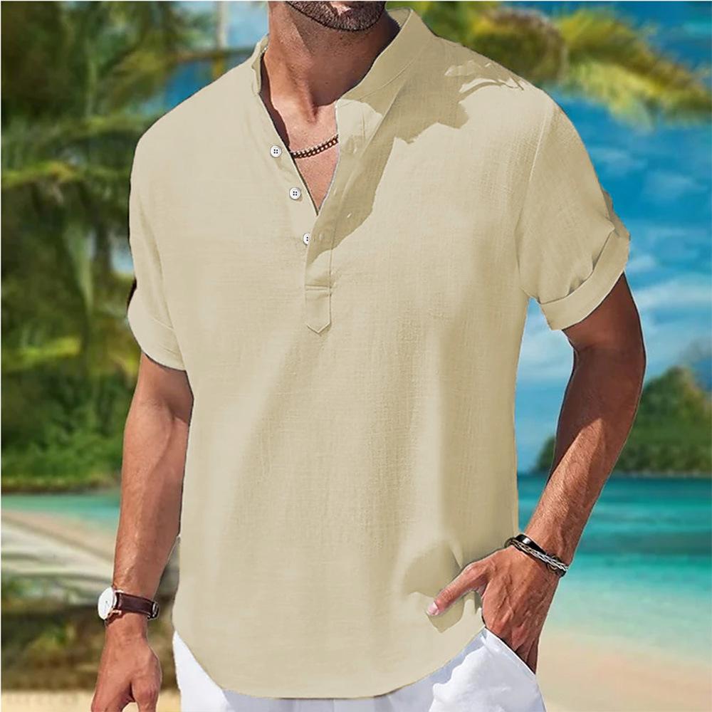 Summer Men's Oversized Shirt Youth Home Solid Color Short Sleeve Blouse Buttons Henry Collar Shirts Casual Men Top