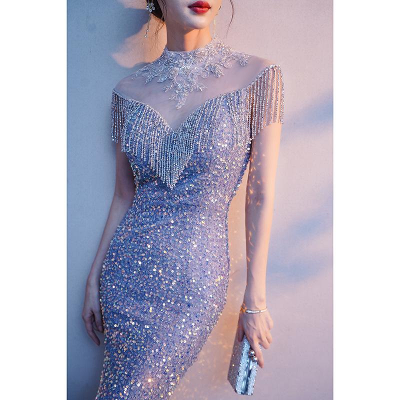 Fishtail evening dress women's 1011 new banquet elegant temperament annual meeting host long sequined socialite dress