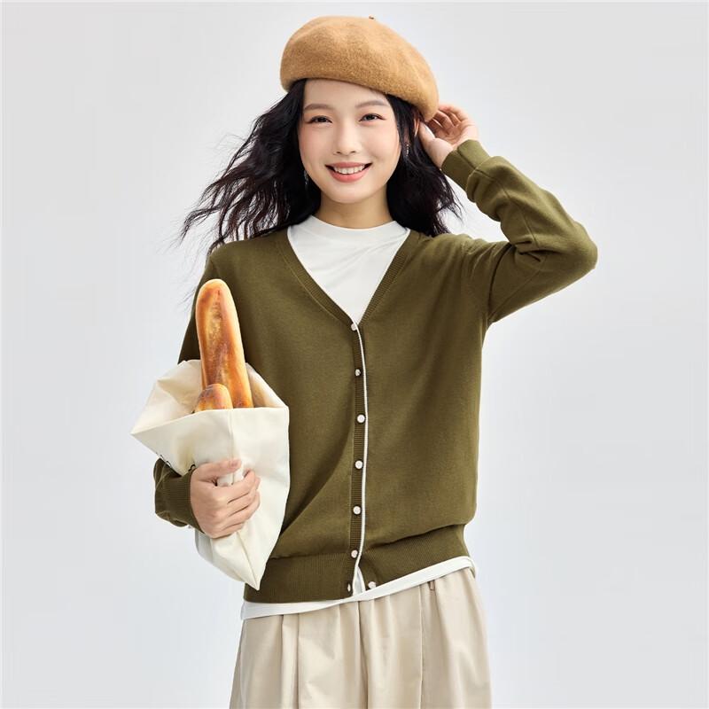 Женский кардиган Giordano из гребенного хлопка с контрастной отделкой и V-образным вырезом