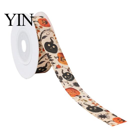 Festive Decorative Fabric Ribbon Halloween Ribbon, 5 Yards 5/8" Pumpkin Spider Web Printed Theme for Gift Wrapping, DIY Wreath Bow Crafts, Party