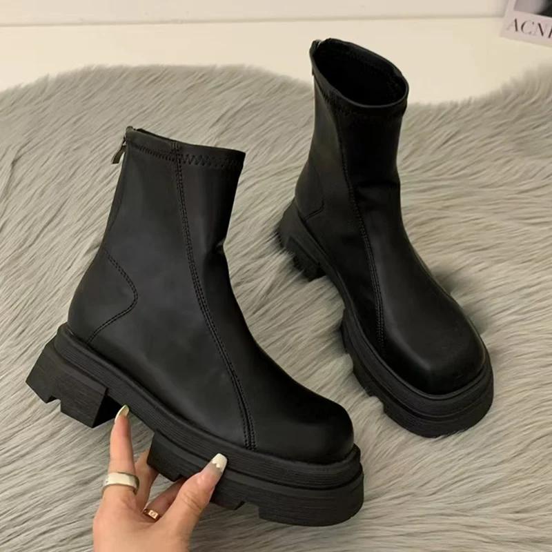 Women Platform Snow Ankle Boots Mid Heels Fashion Motorcycle Boots Trend Winter Designer Leather Shoes Goth Botas De Mujer