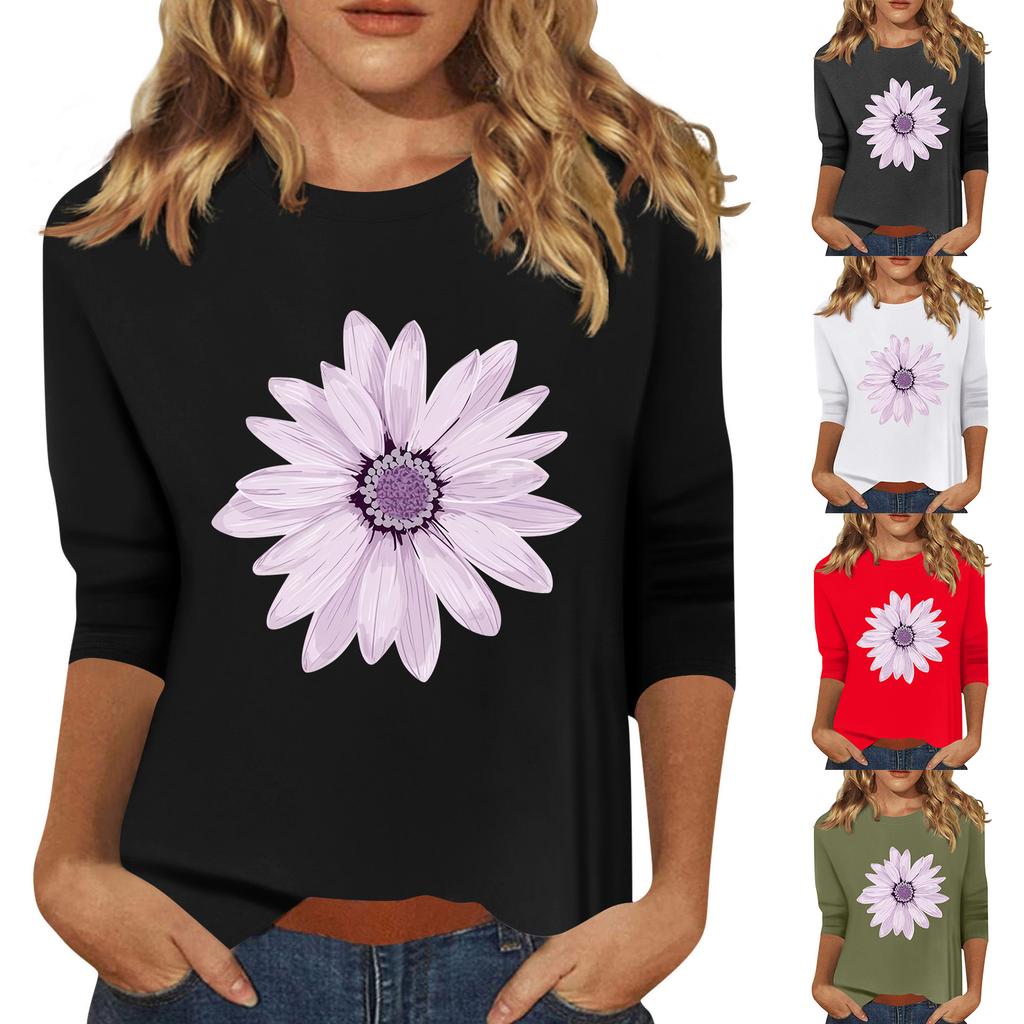 Women's Fashion Casual Printed Seven Sleeve Round Neck Top