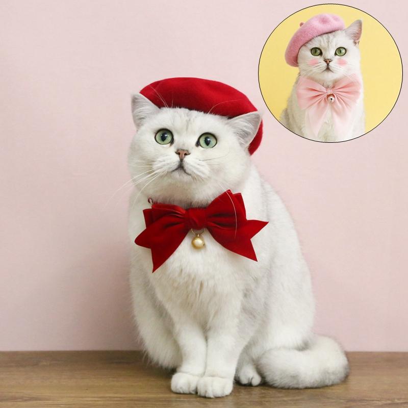 Шляпа для кошки, головной убор, тонкая работа, кашемир, элегантный, мягкий, берет, воротник-бабочка, украшение, кепка для собаки, берет для украшения, Новый год