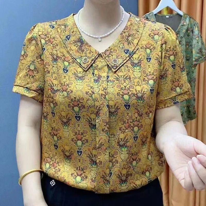 Модная двухслойная рубашка с воротником Питер Пэн на пуговицах, женская повседневная свободная винтажная с принтом, летняя с коротким рукавом