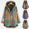 Women Fashion Retro Printing Splicing Button Hood Cardigan Long Sleeves Coat