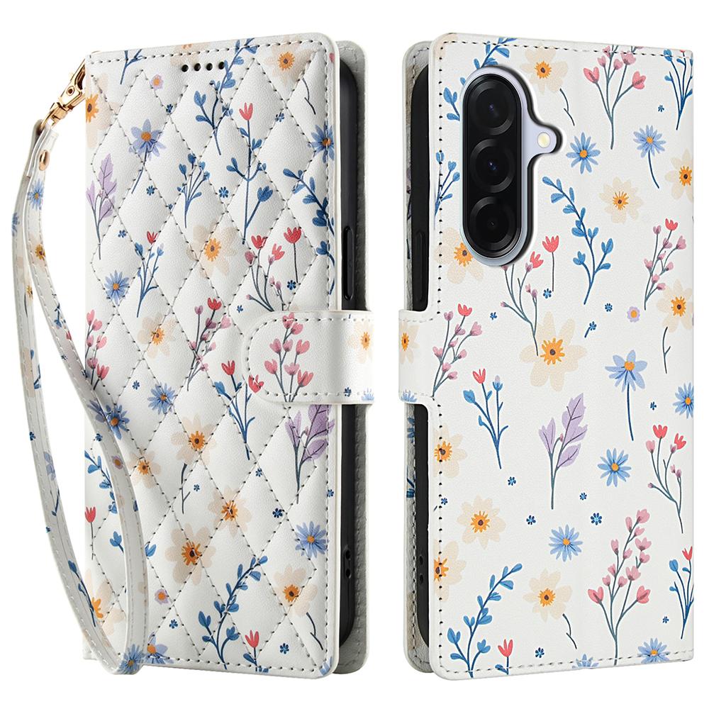 For Samsung Galaxy A17 5G/A26 5G Wallet Case Rhombic Floral Design Leather Flip Phone Cover with Strap