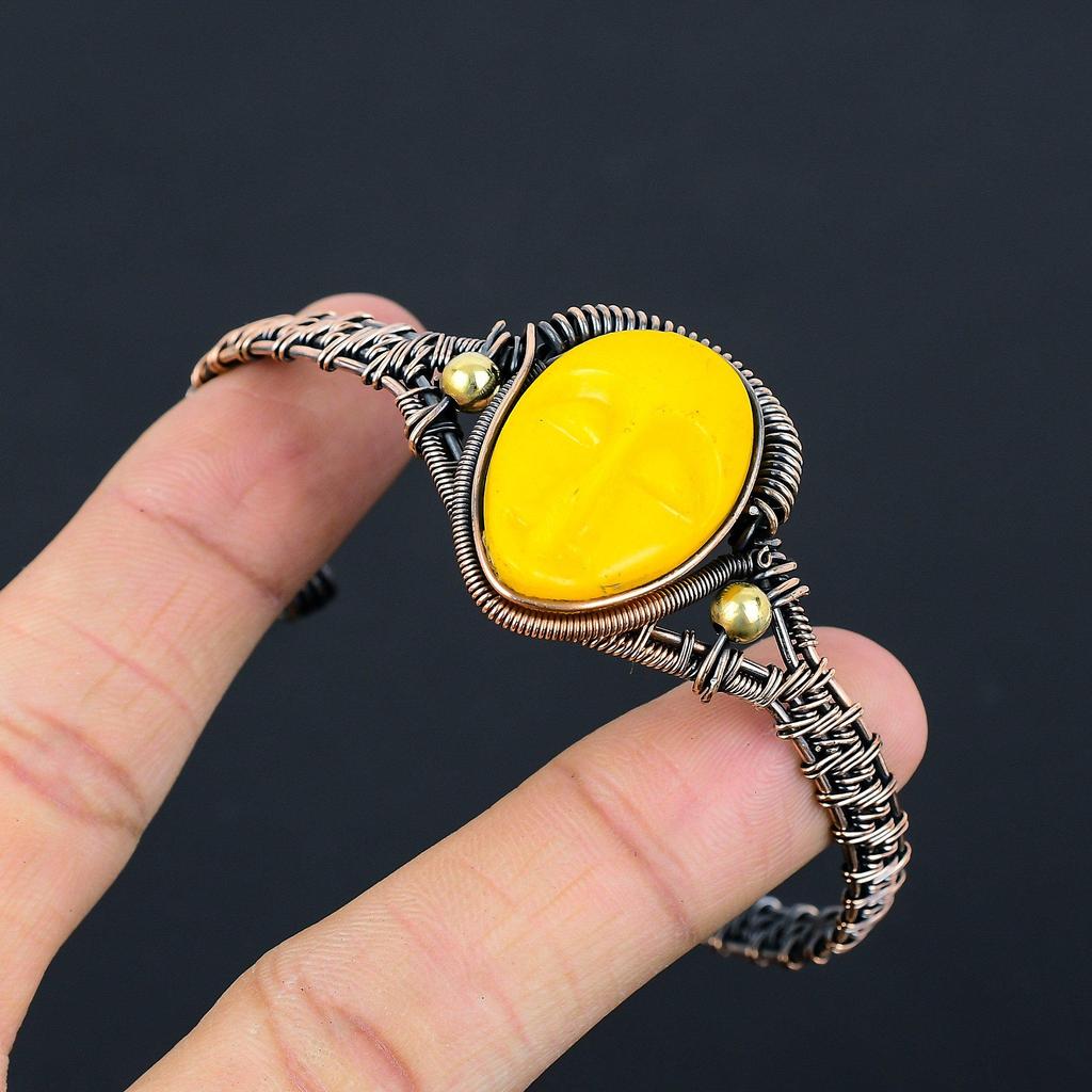 Желтый молящийся леди резной костяной лик ручной работы новейшего дизайна ювелирный браслет, медная проволока 999 пробы с обмоткой из драгоценного камня, подарок для сестры
