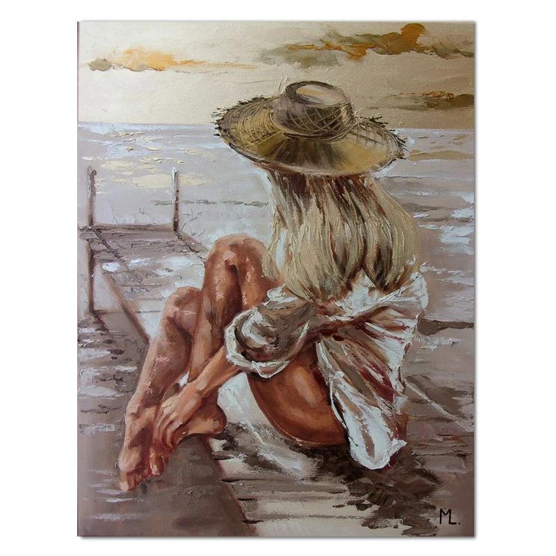 Красивая девушка на берегу моря, картина маслом, холст, HD печать, женские настенные художественные фотографии, украшение для гостиной, дома