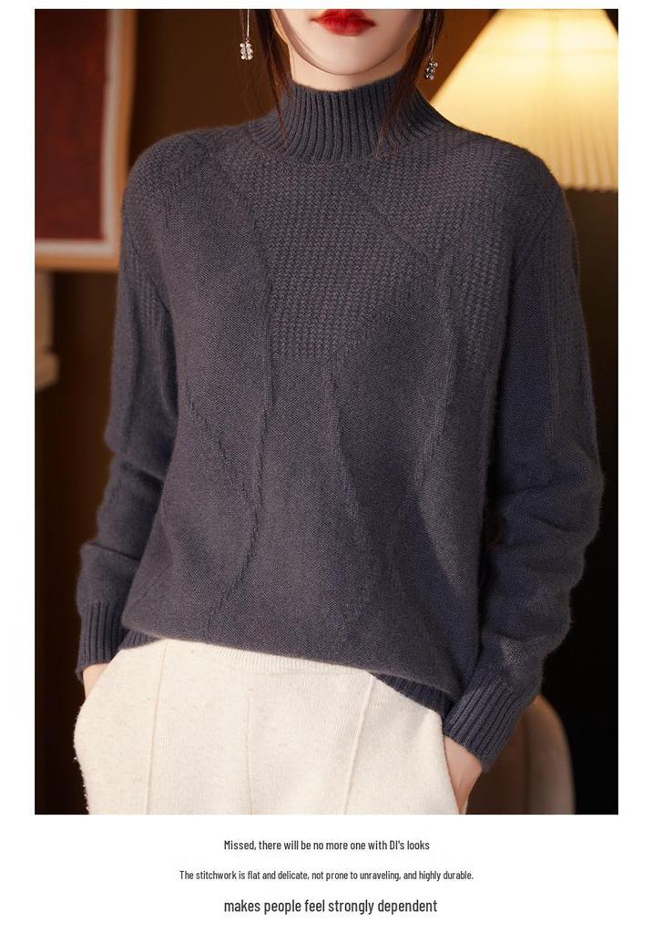 Women's Autumn/Winter Wool Pullover Sweater - Half-High Collar, Irregular Lines, Casual, Thickened Base Layer