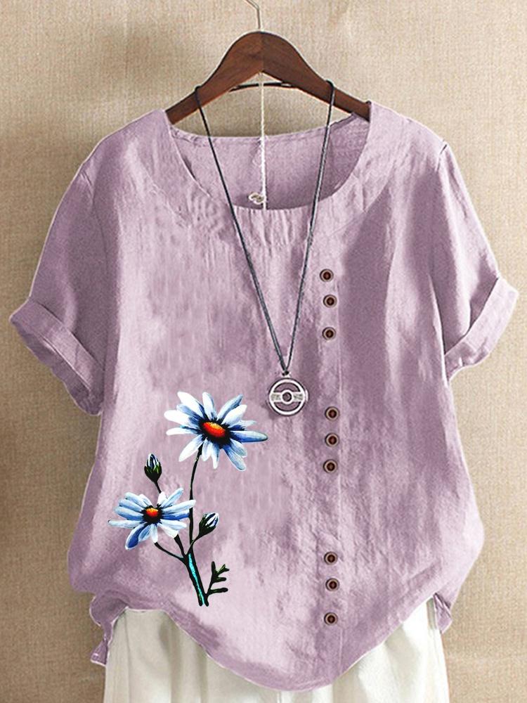 Summer Casual Flower Print Loose T-shirts Vintage Cotton and Linen O-Neck Plus Size Short Sleeve Blouse Tops For Women S-5XL