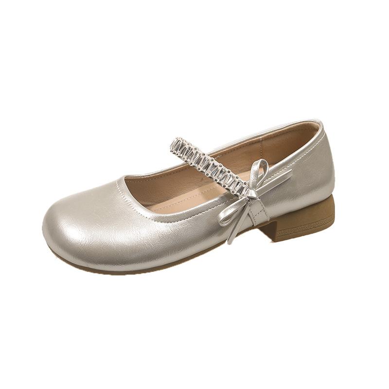 Туфли Мэри Джейн на низком каблуке для женщин, осенние новинки, с круглым носком, с вырезом и бантом, из маленькой кожи
