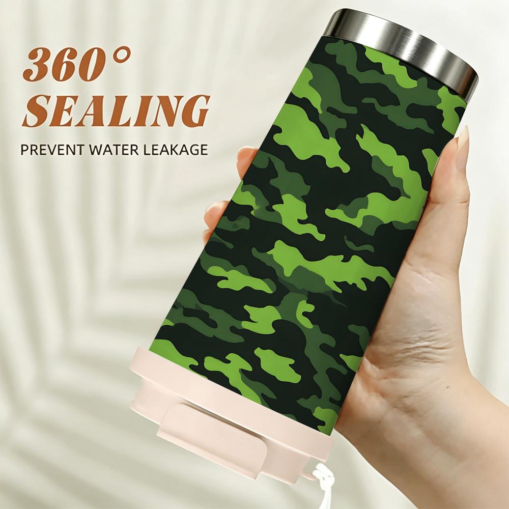 Green Camouflage Print Stainless Steel Insulated Coffee Tumbler Vacuum Thermal Cup, Portable Leakproof Travel Mug for Outdoor Sports