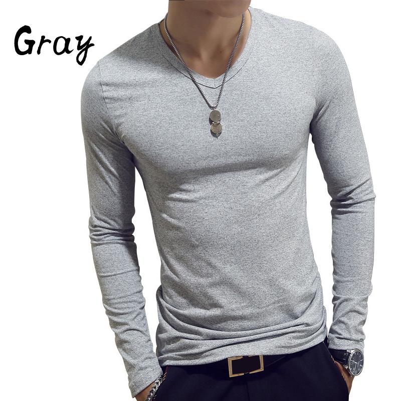 Elastic Mens T-Shirt V-Neck Long Sleeve Men T Shirt For Male Cotton T-Shirts Man Clothing TShirt Top Tees