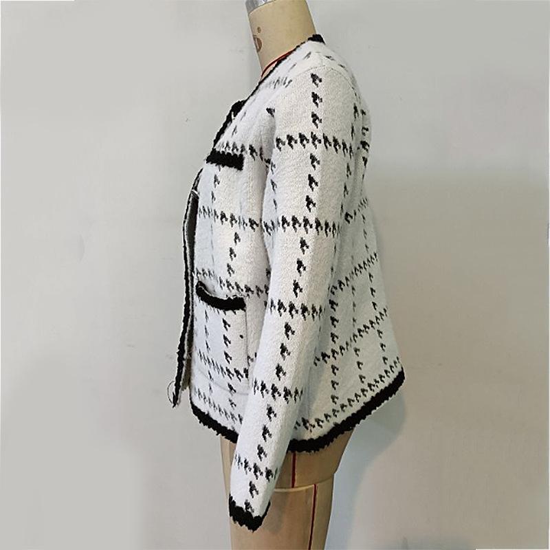Осенне-зимняя мода круглый вырез карманы длинный рукав свободный твидовый женский кардиган куртка
