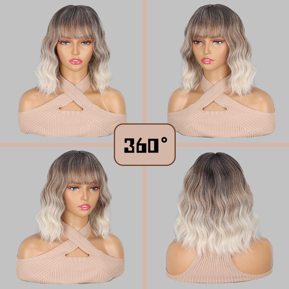 MISS WIG Synthetic Wavy Wig With Bangs Soft Short Bob Wigs For Women Shoulder Length Women's Curly Wigs Cosplay Daily