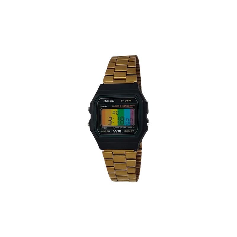 Casio Индивидуальные часы модифицированная серия цветные часы с вертикальной полоской корпус из черной смолы водозащита F-91W-3 F-91W-JinSeBiaoDaiSanZhuDai