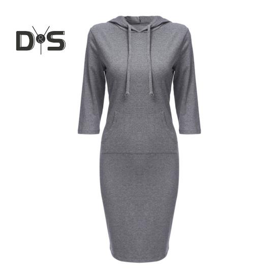 Осеннее платье с капюшоном и большим карманом, облегающее, с завязками на талии, эластичное, однотонное, облегающее мини-платье с рукавами 3/4, повседневное, для офиса, вечеринки, платье