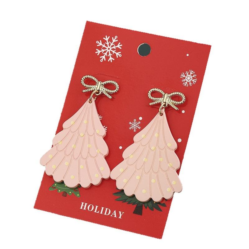 New Christmas Earrings, Bow Polka Dot Studs, Pink Christmas Tree Earrings, Earrings.