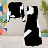 Women Plus Size Round Neck Long Sleeve Black White Printed Two Piece Dress Set