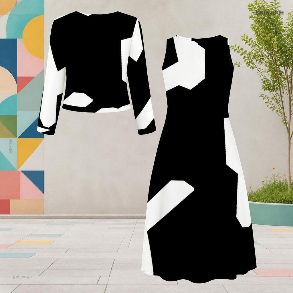 Women Plus Size Round Neck Long Sleeve Black White Printed Two Piece Dress Set