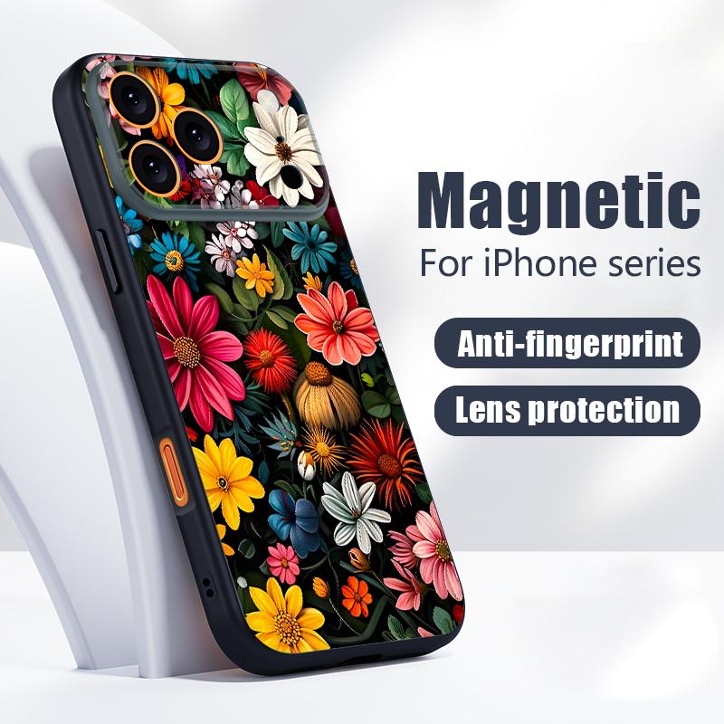 Чехол с узором из разноцветных цветов Для iPhone 17 Pro Max iPhone 16 15 14 13 Pro Max Магнитный Для Magsafe Гибридный ТПУ+ПК Матовый Чехол