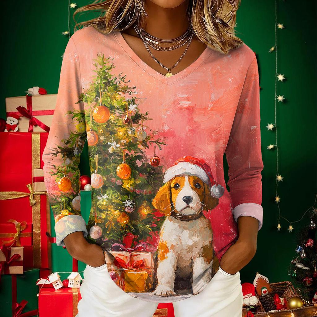 Women's Christmas Print Casual V-Neck Long Sleeve Top
