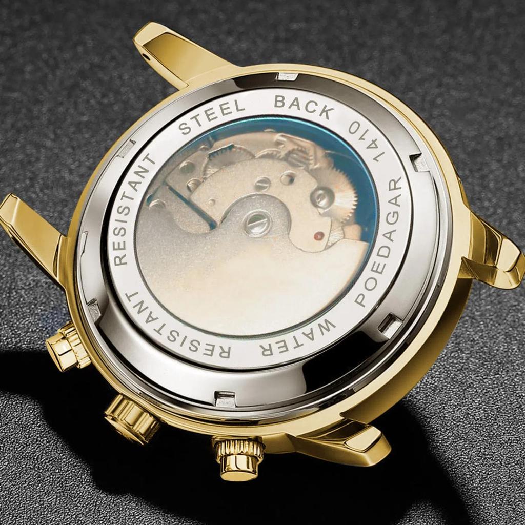 POEDAGAR Роскошные мужские золотые автоматические механические часы с фазой Луны и турбийоном наручные часы с автоматической датой и неделей из нержавеющей стали