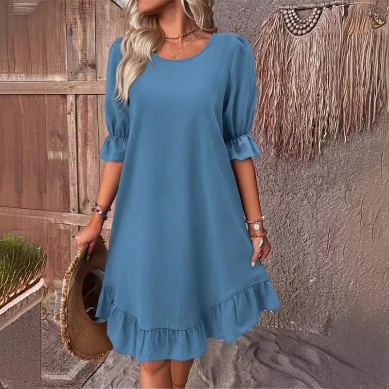 Свободное платье для отпуска, женское, с круглым вырезом, плиссированное, однотонное, с короткими рукавами, модное вечернее платье