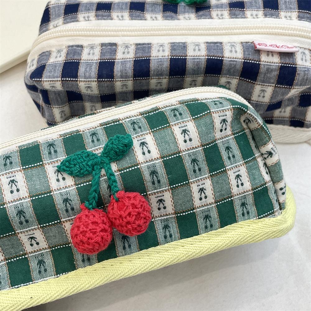 Cherry Plaid Storage Bag Large Capacity Multifunctional Makeup Bag Large Capacity Pen Bag Brand New For Makeup Travel Office