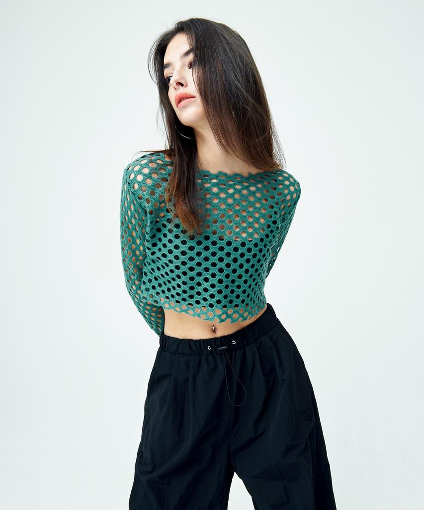 ATTENTIONROW FOR WOMEN Punched Layered Net Knit (Green)