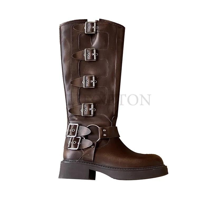 Мода Платформа Ботинки Combat Молния Chuny Heel Пряжка Винтаж Мода Повседневный Роскошь Дизайнер Western Mid Calf Boots Обувь Женщина