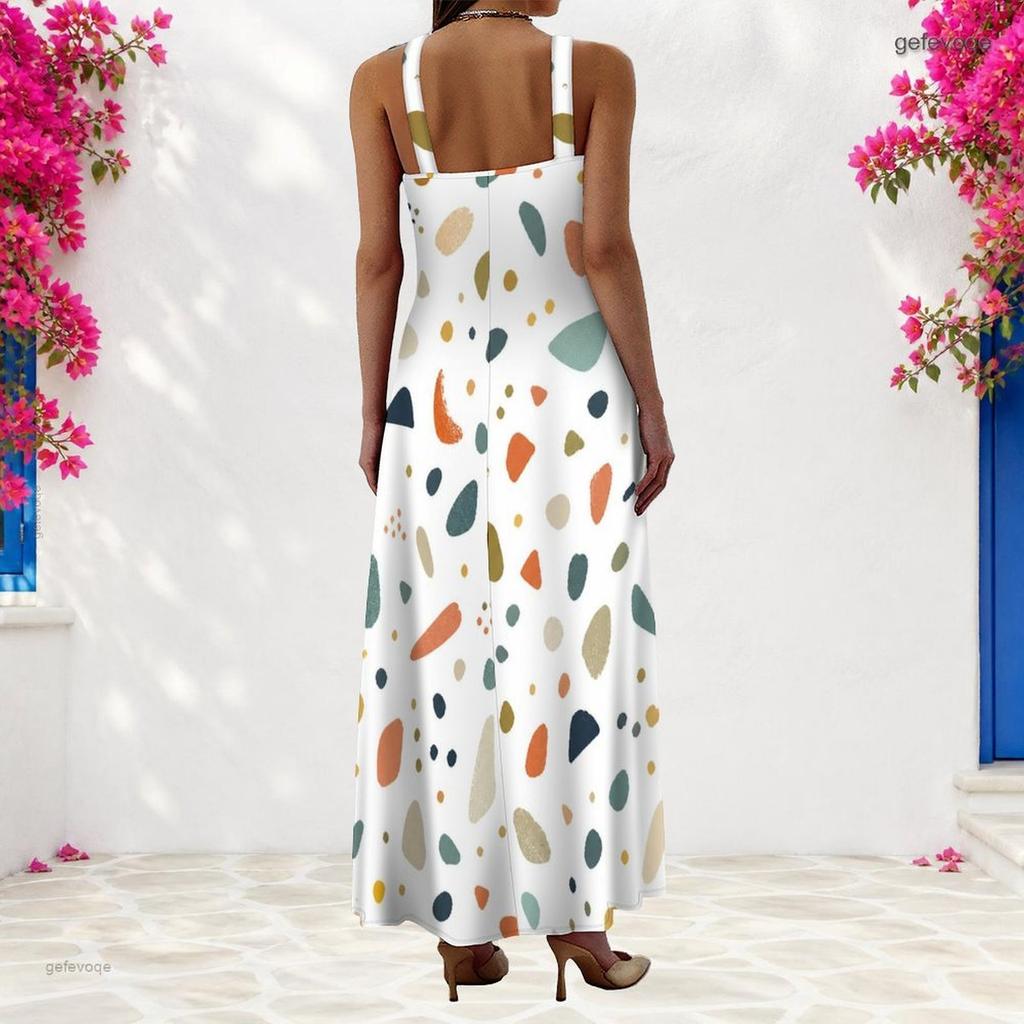 Women Plus Size Scoop Neck Strappy Sleeveless White Printed A Line Long Dress
