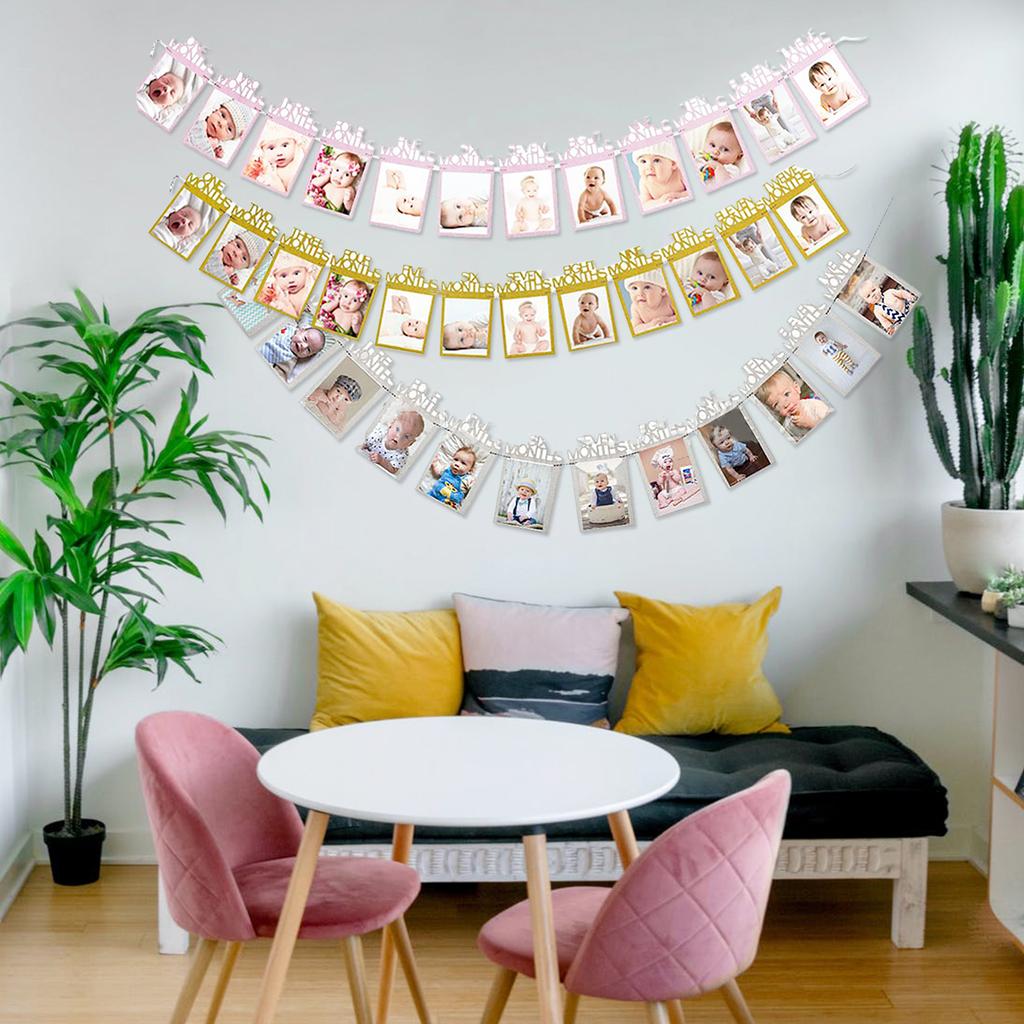 16.4ft Baby Photo Banner for Newborn 12 Month Growth Picture Display Hanging Sign Garland Growth Photo Booth Props for Baby Birthday Party Decoration