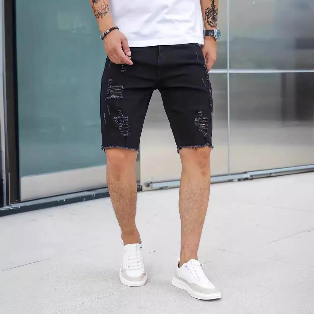 Summer Ripped Jeans Men Stretch Denim Shorts Male Short Jeans Slim Straight Shorts Fashion Black Jeans Man