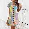 This Women's Geometric Pattern Printed Dress Is Fashionable LooseV-neck Button-down and Short-sleeved