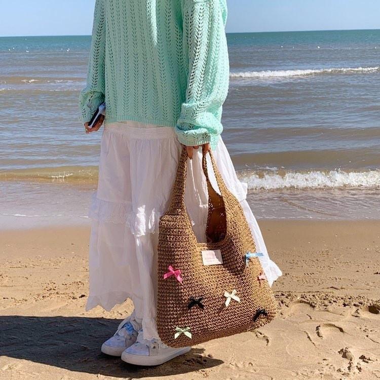 Straw Woven Bow Beach Bag With Open Top For Summer Travel
