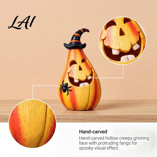 Halloween Themed Home Decor Smiling Pumpkin Ornament with Wizard Hat And Spider Resin Atmosphere Props Pear-shaped Figurine Retro Statue for Desktop