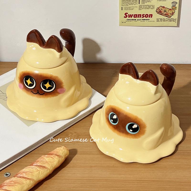 Креативная милая мультяшная кружка с крышкой и ложкой - Керамическая кофейная чашка большой емкости для женщин и пар